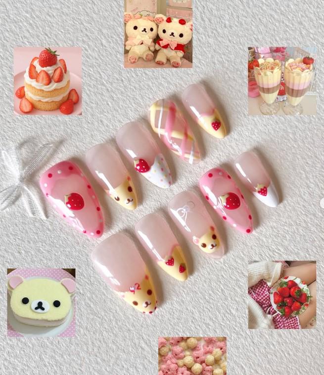 Erdbeerbär Auf Nägel Drücken, Kawaii Rilakkuma Inspirierte Nailart, Rosa Vichy-Karo Und Künstliche Nägel, Niedliche Cottagecore Falsche Erdbeerbär Auf Nägel Drücken, Kawaii Rilakkuma Inspirierte Nailart, Rosa Vichy-Karo Und Künstliche Nägel, Niedliche Cottagecore Falsche von Etsy - SieglindeCrafts