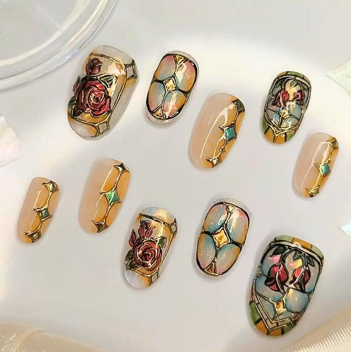 Glasmalerei Rose Drücken Sie Die Nägel 3D Gold Chrom Kunstnägel Schillernde Perle Vintage Ästhetik Benutzerdefinierte Handgefertigte von Etsy - SieglindeCrafts