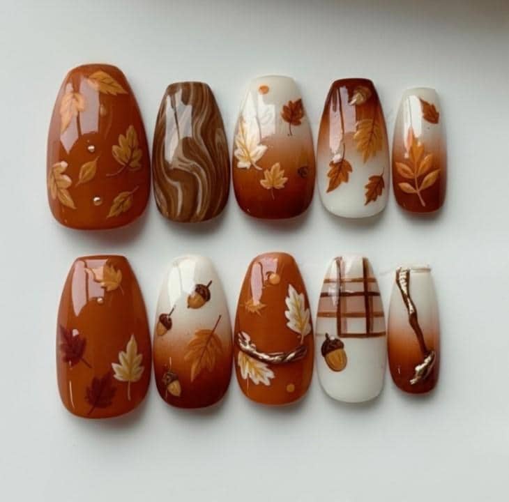 Goldene Herbsternte Press-On-Nägel, Handbemalte Ahornblatt-Nägel, Handgefertigtes Herbst-Ombre Und Marmornägel von Etsy - SieglindeCrafts
