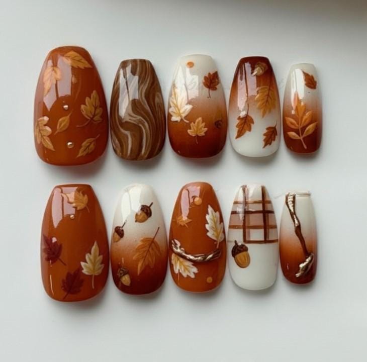 Goldene Herbsternte Press-On-Nägel, Handbemalte Ahornblatt-Nägel, Handgefertigtes Herbst-Ombre Und Marmornägel von Etsy - SieglindeCrafts