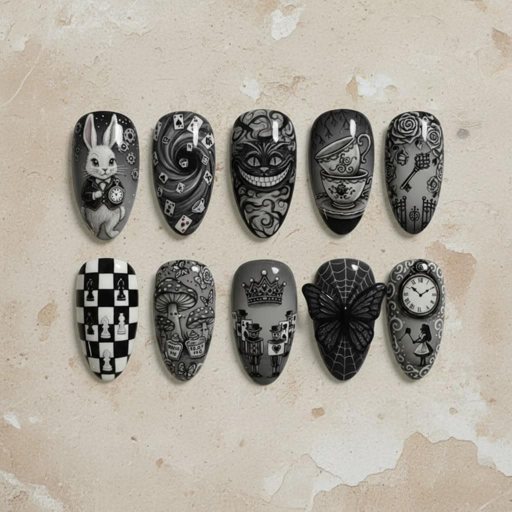 Gothic Alice Press On Nägel | 3D Weißes Kaninchen & Grinsekatze Art Handmade Dark Wonderland Design Wiederverwendbare Luxus Custom Fake von Etsy - SieglindeCrafts
