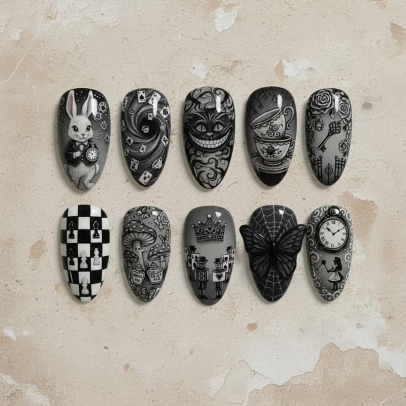 Gothic Alice Press On Nägel | 3D Weißes Kaninchen & Grinsekatze Art Handmade Dark Wonderland Design Wiederverwendbare Luxus Custom Fake von Etsy - SieglindeCrafts