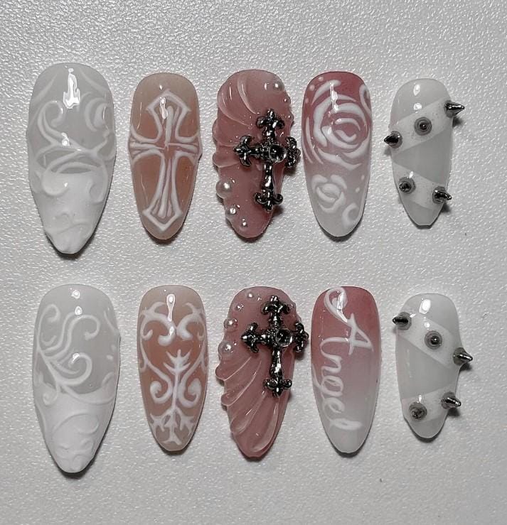 Gothic Angel Press On Nails, Dusty Rose Und White Nail Art, 3D Kreuz Spike Nägel, Handgemalte Siegelnägel, Wiederverwendbares Set von Etsy - SieglindeCrafts