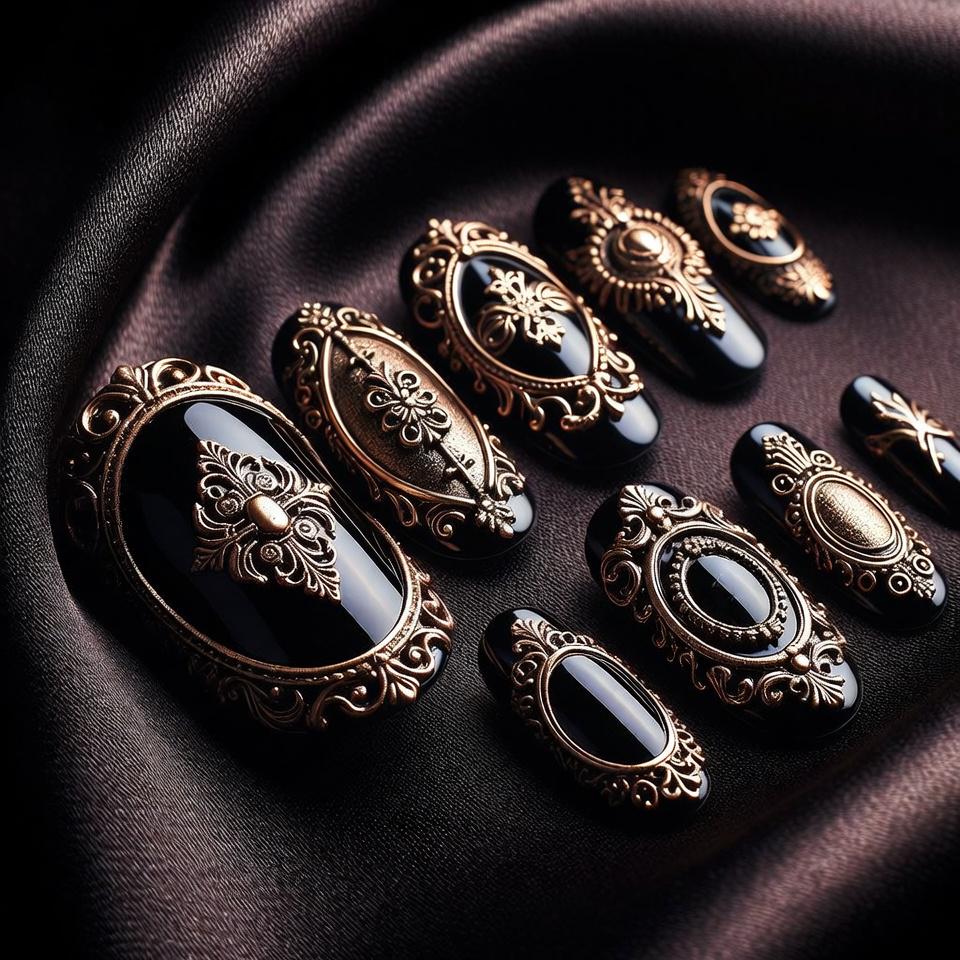 Gothic Barock Press-On-Nägel Schwarz Glänzend Mit Gold Verzierten Detail, Elegantes Statement Nail Design von Etsy - SieglindeCrafts