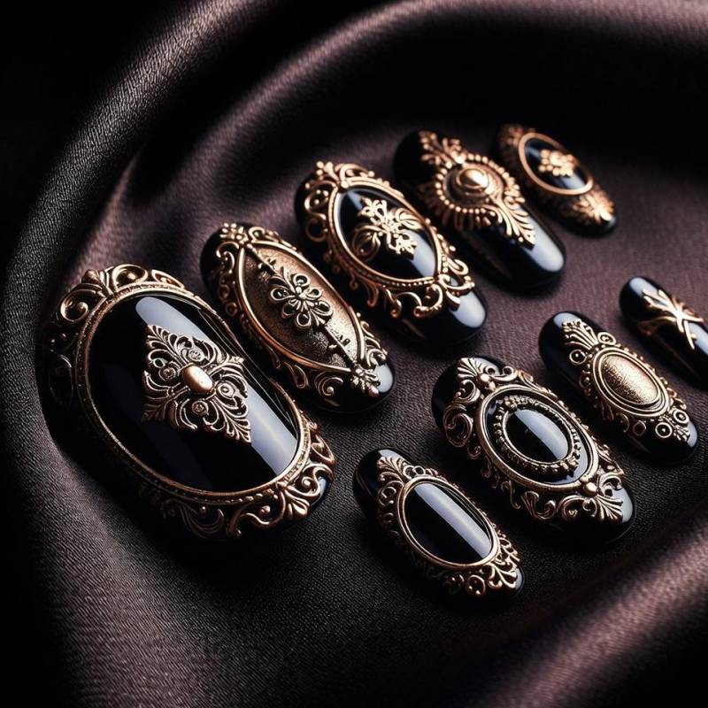 Gothic Barock Press-On-Nägel Schwarz Glänzend Mit Gold Verzierten Detail, Elegantes Statement Nail Design von Etsy - SieglindeCrafts