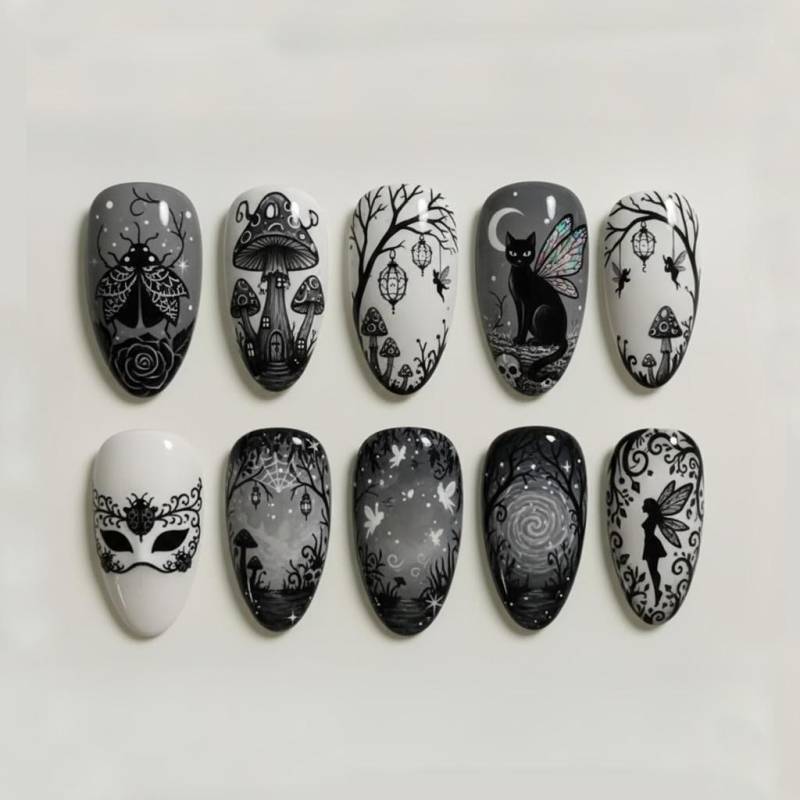 Gothic Mondphasen Nägel, Handgemalte Katzen, Pilz & Feen Designs, Schwarz Und Weiß Nailart, Witchy Press-On Nägel von Etsy - SieglindeCrafts
