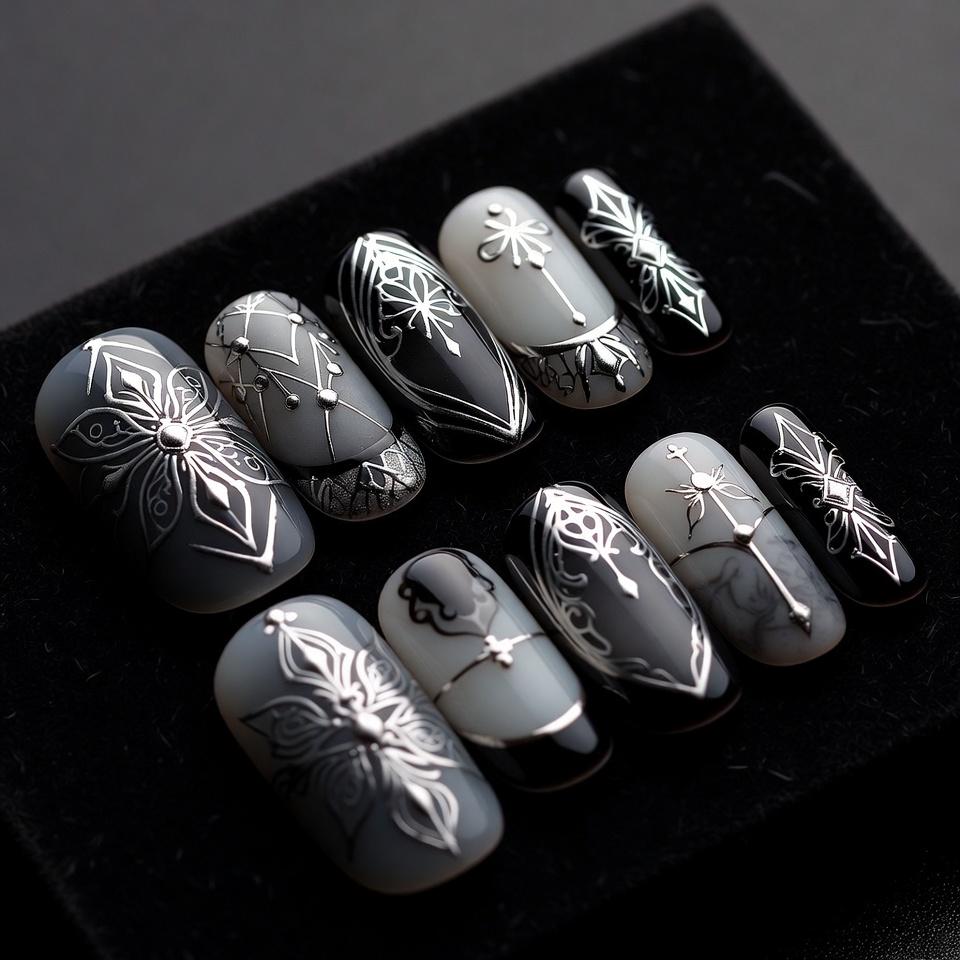 Gothic Schwarz & Silber Nägel - Kompliziertes Design Mit Kreuzen Und Blumenmotiven von Etsy - SieglindeCrafts