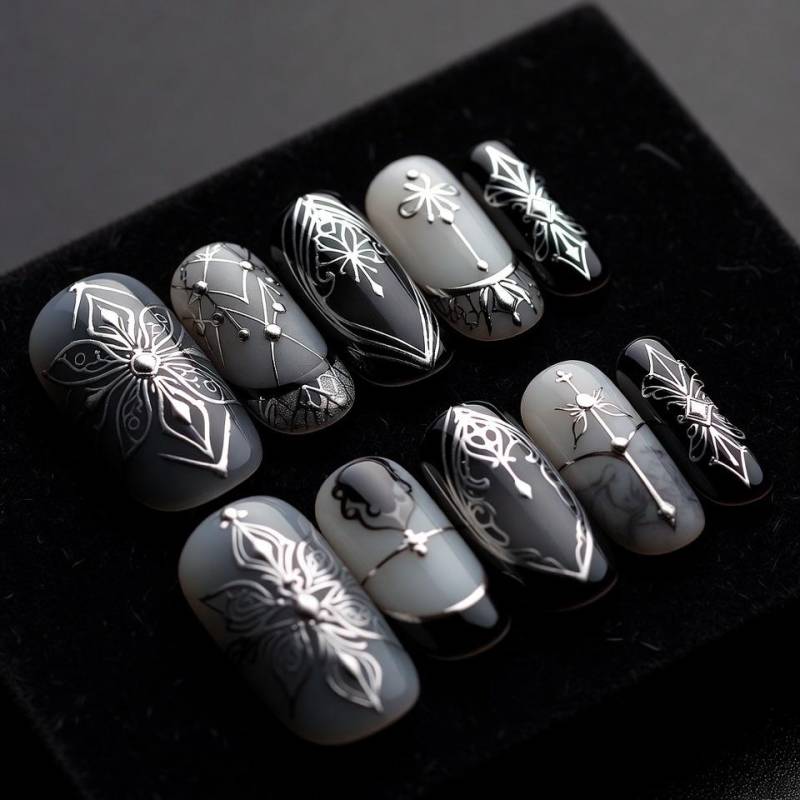 Gothic Schwarz & Silber Nägel - Kompliziertes Design Mit Kreuzen Und Blumenmotiven von Etsy - SieglindeCrafts