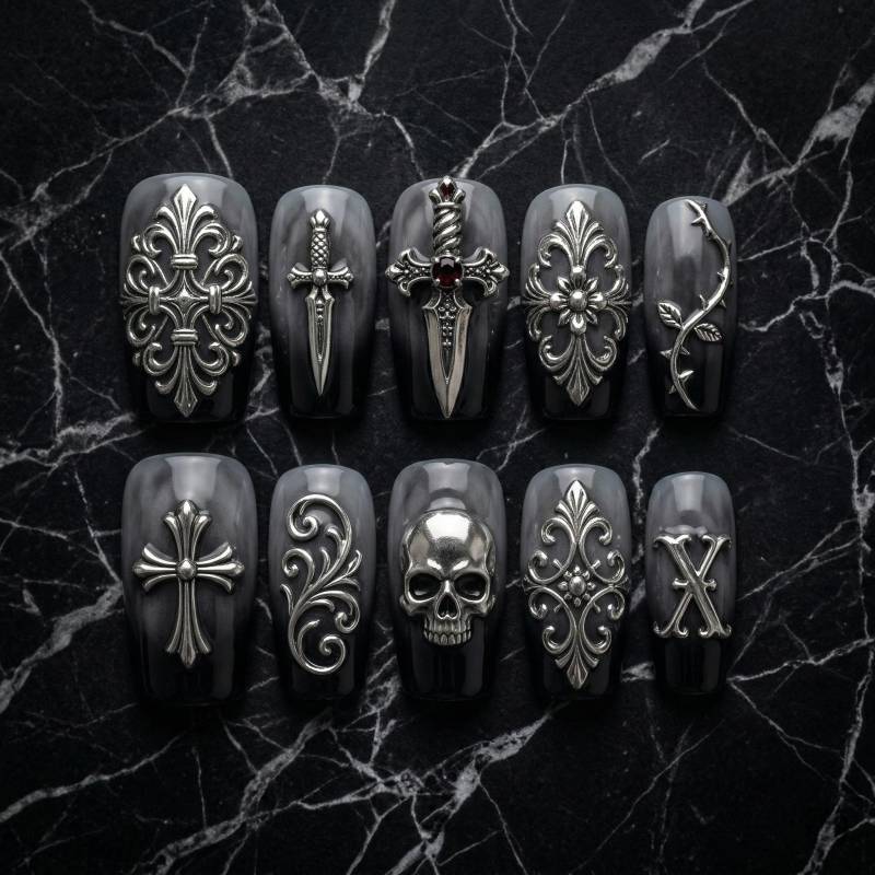 Gothic Schwarz & Silber Nägel - Kompliziertes Design Mit Kreuzen Und Blumenmotiven von Etsy - SieglindeCrafts