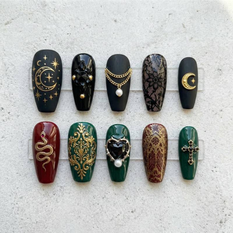 Gothic Smaragdgrün Drücken Sie Auf Die Nägel | Luxus Burgund Schlange Fake 3D Gold Kreuz Mond Dark Academia Sarg Witchy Geschenk von Etsy - SieglindeCrafts