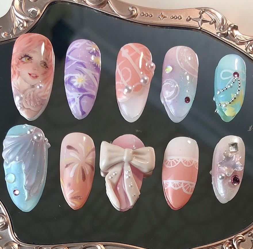 Handbemalte Anime Girl Press On Nägel, Pastel Verträumte Gefälschte 3D Übergroße Schleife Kleber, Sommer Festival Feuerwerk Nagel Kunst von Etsy - SieglindeCrafts