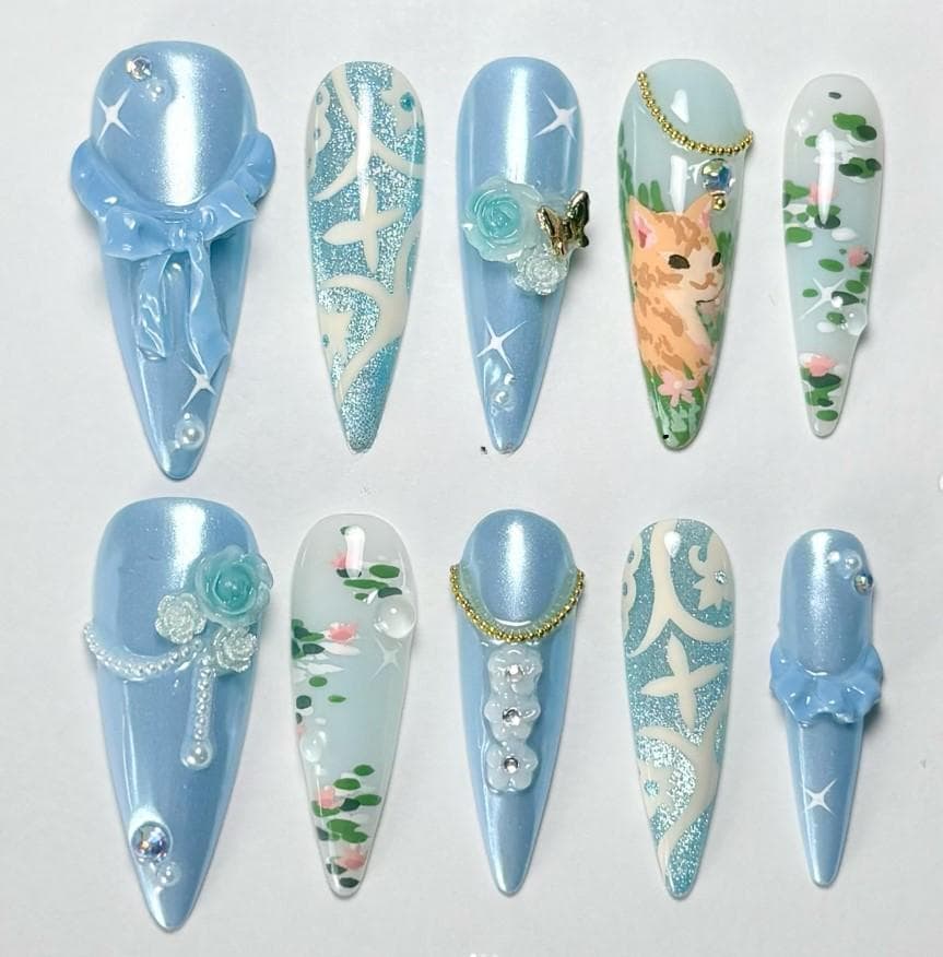 Ingwer Katze Drücken Sie Auf Die Nägel, Handgemalte Kitty Kunst, Hellblaue Perlennägel, 3D Bogen Und Rosen-Detail, Blumenteich Ästhetik von Etsy - SieglindeCrafts