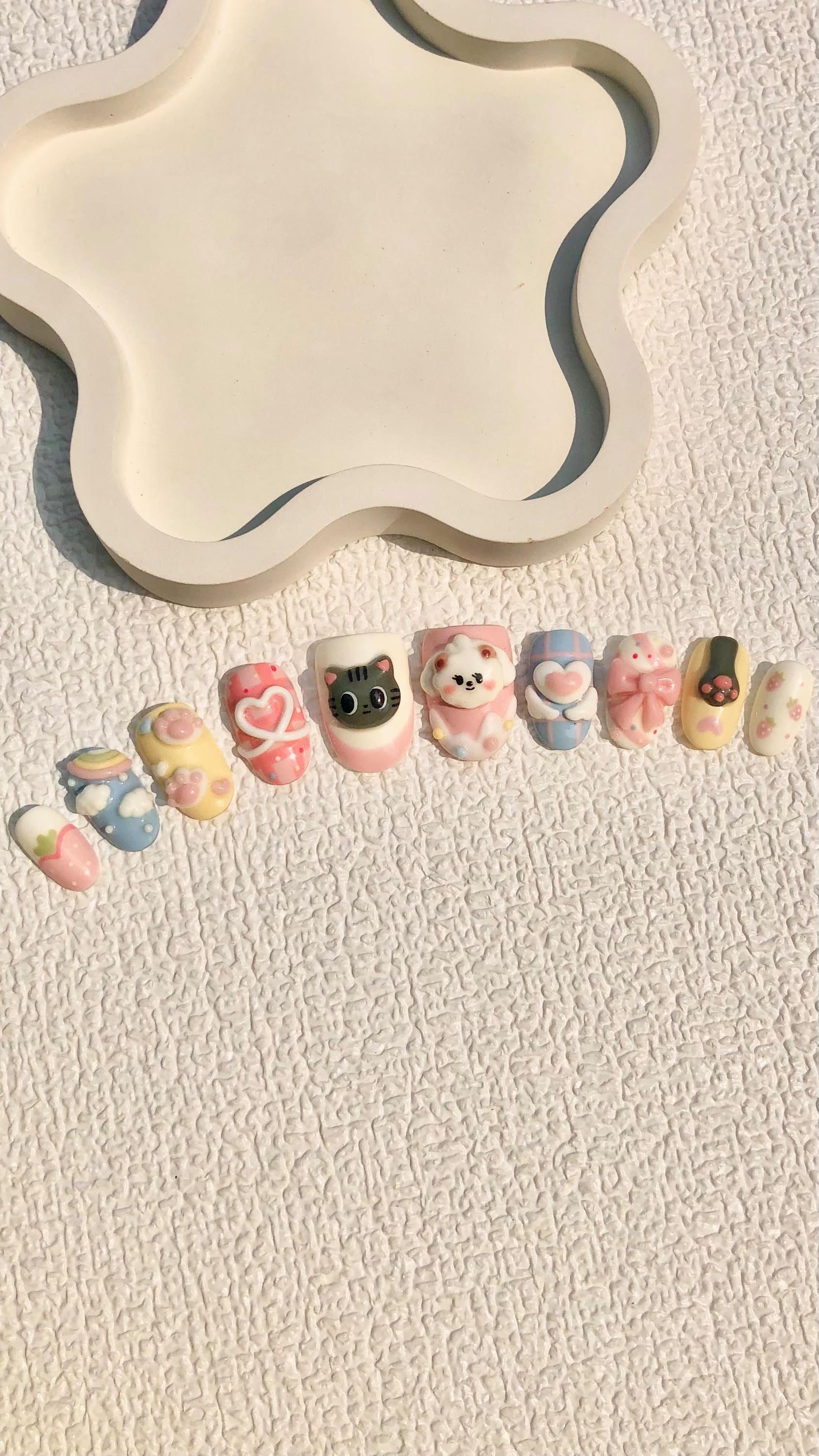 Kawaii 3D Schwarze Katze Weißer Bär Drücken Sie Auf Die Nägel | Regenbogen Herz Wolke Nail Art Bunte Pastell Mixed Design Handgefertigter von Etsy - SieglindeCrafts