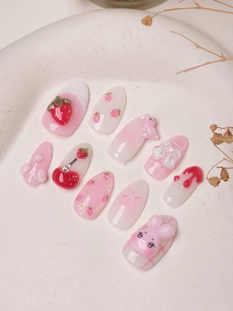 Kawaii Häschen-Press-On-Nägel, Süße Rosa Erdbeernägel, 3D-Kaninchennagel-Kunst, Kirschsüße Nägel, Handgemachte Wiederverwendbare Nägel von Etsy - SieglindeCrafts