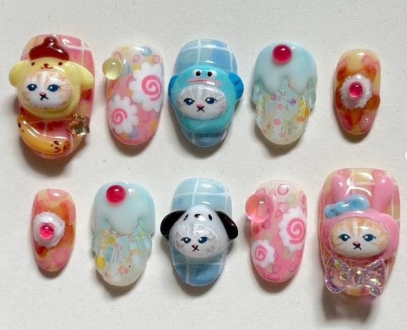 Kawaii Katze Presse Auf Nägel, 3D-Katze Cosplay Tier Falsche Rosa Karierte Nachtisch-Nagel-Kunst, Handgemachte Nette Gel-Nägel, 10Er Set Kawaii Katze Presse Auf Nägel, 3D-Katze Cosplay Tier Falsche Rosa Karierte Nachtisch-Nagel-Kunst, Handgemachte Nette Gel-Nägel, 10Er Set von Etsy - SieglindeCrafts