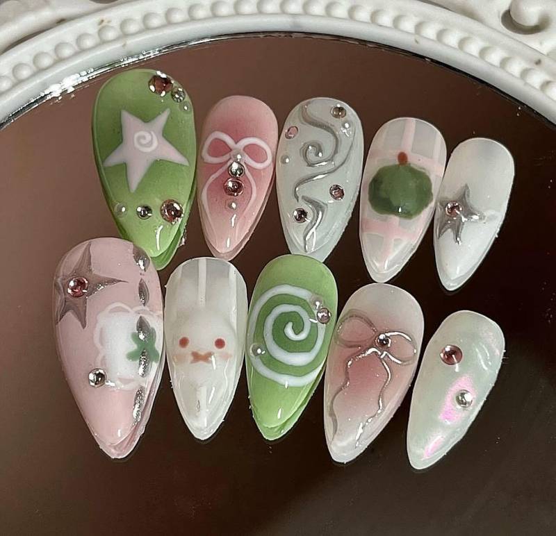 Kawaii Matcha Pink Drücken Sie Die Nägel Aus Niedliches Häschen-Sternband-Design 3D Silber Chrom Detail Wiederverwendbare Stiletto Pastellweiche von Etsy - SieglindeCrafts