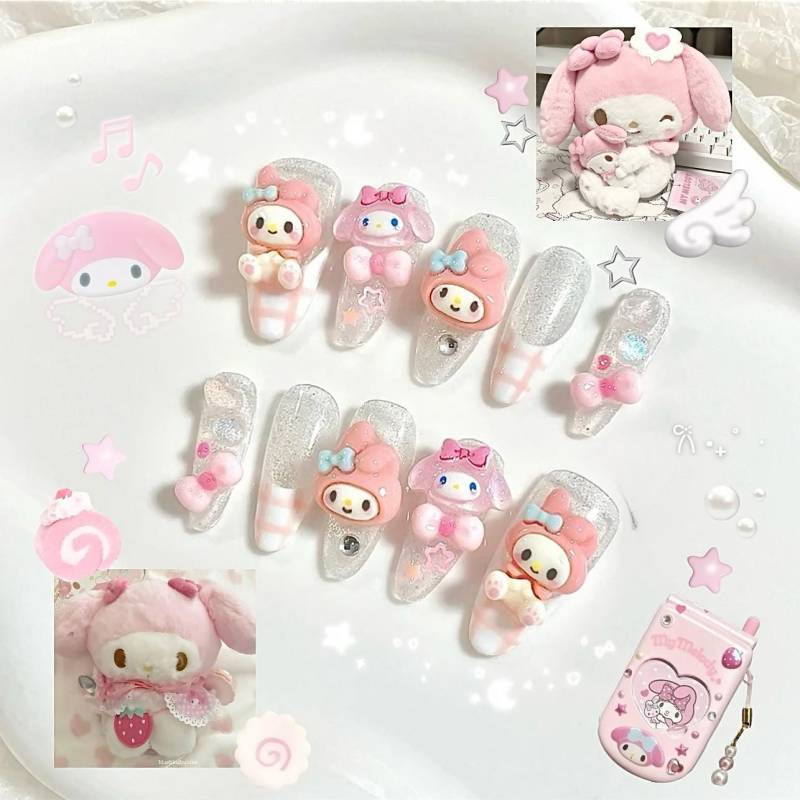 Kawaii Rosa Häschen-Press-On-Nägel, Süße 3D-Charakter-Nägel, Glitzer-Süßes Handgemachtes Nagel-Set von Etsy - SieglindeCrafts