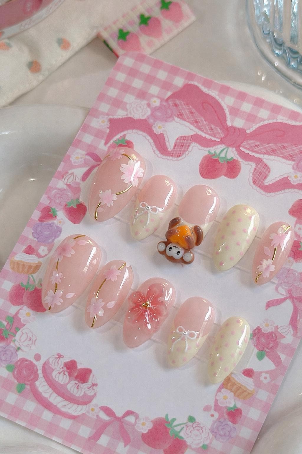 Kirschblüten-Press-On-Nägel, Rosafarbene Blumennägel Mit Niedlichem Affenanhänger, Weiche Mädchenästhetik von Etsy - SieglindeCrafts