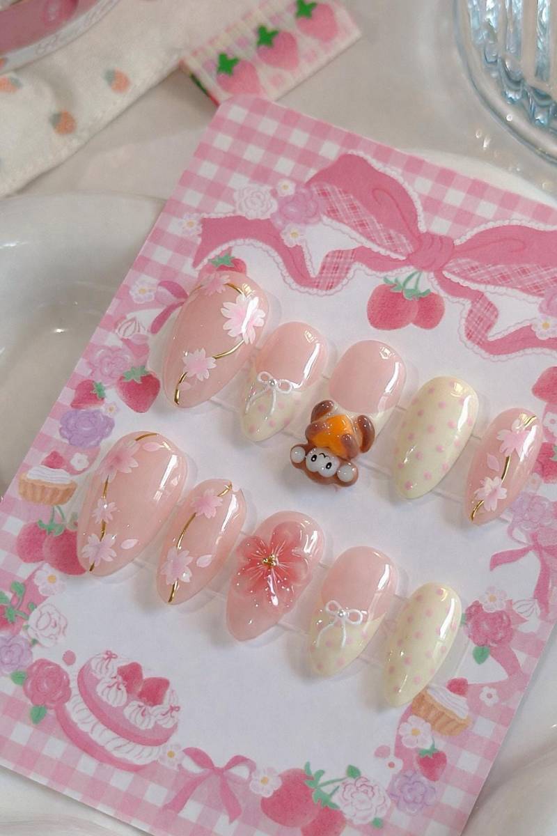 Kirschblüten-Press-On-Nägel, Rosafarbene Blumennägel Mit Niedlichem Affenanhänger, Weiche Mädchenästhetik Kirschblüten-Press-On-Nägel, Rosafarbene Blumennägel Mit Niedlichem Affenanhänger, Weiche Mädchenästhetik von Etsy - SieglindeCrafts