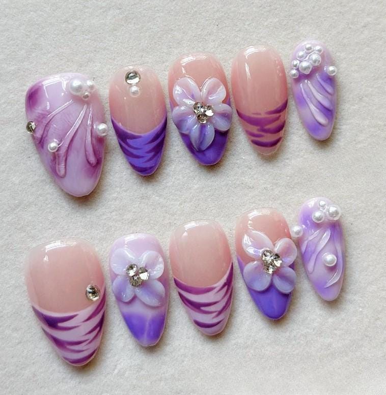 Lila Marmor, Drücken Sie Auf Die Nägel, Luxus 3D Floral Und Perle False Nails von Etsy - SieglindeCrafts
