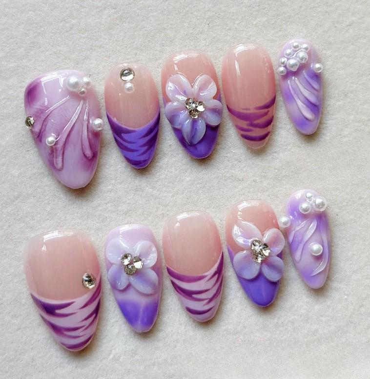 Lila Marmor, Drücken Sie Auf Die Nägel, Luxus 3D Floral Und Perle False Nails von Etsy - SieglindeCrafts