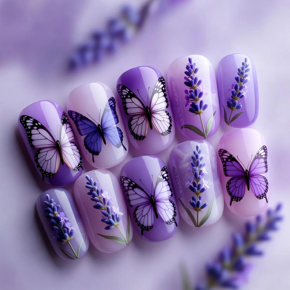 Lila Schmetterling Drücken Sie Auf Die Nägel | Lavendel Blumen Nail Art Verträumte Pastell Violet Kurze Runde Wiederverwendbare Cottagecore Geschenk von Etsy - SieglindeCrafts