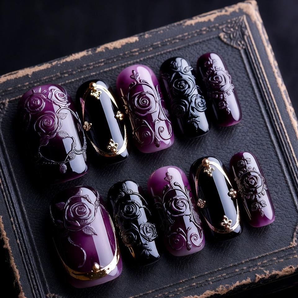 Luxus Gothic Burgund Drücken Sie Die Nägel | Schwarze Spitze Witchy Dark Academia Kreuz Nagelkunst Kurze Ovale Künstliche Handgemachtes Geschenk von Etsy - SieglindeCrafts