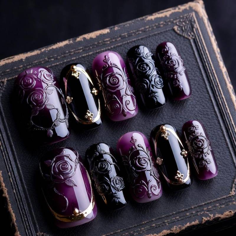 Luxus Gothic Burgund Drücken Sie Die Nägel | Schwarze Spitze Witchy Dark Academia Kreuz Nagelkunst Kurze Ovale Künstliche Handgemachtes Geschenk von Etsy - SieglindeCrafts