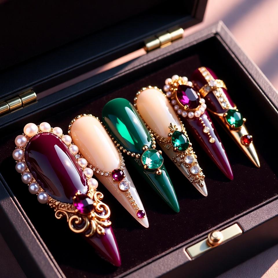 Luxus Royal Press On Nails, Smaragd Rubin Gold Jewel Set von Etsy - SieglindeCrafts