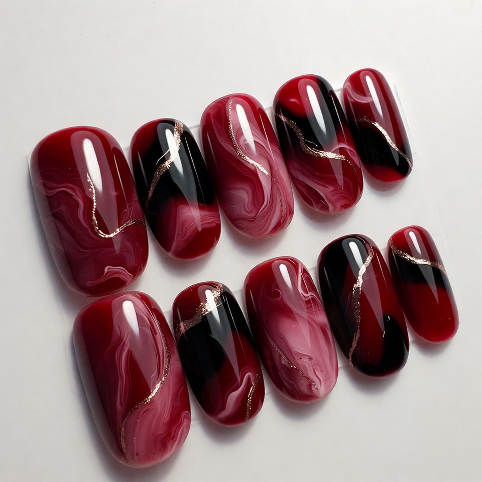 Luxus Rubinrot Und Schwarz Marmor Drücken Sie Auf Den Nagel | Rosegold Foliennägel Gothic Glam Fake Eleganter Langer Ovaler Gelnagel Handgemachtes von Etsy - SieglindeCrafts