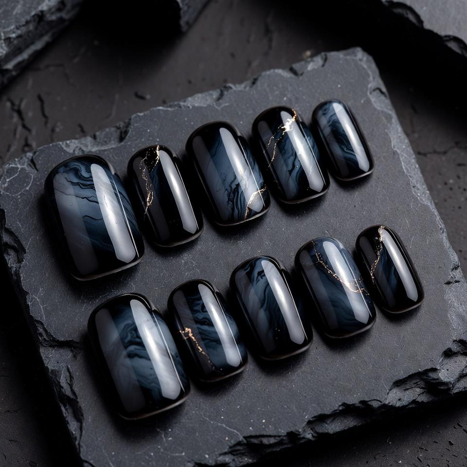 Luxus Schwarzer Marmor Press-On Nägel Mit Eleganten Goldakzenten von Etsy - SieglindeCrafts