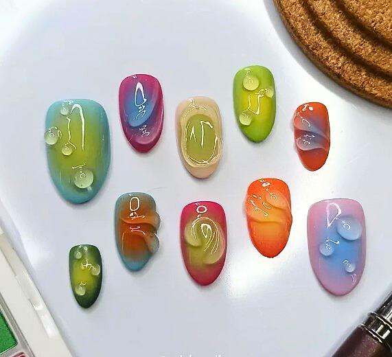 Neon Aura Drücken Sie Auf Die Nägel 3D Wassertropfen Kunstnägel Bunter Farbverlauf Y2K Ästhetik Benutzerdefinierte Handgemachte Wiederverwendbare von Etsy - SieglindeCrafts