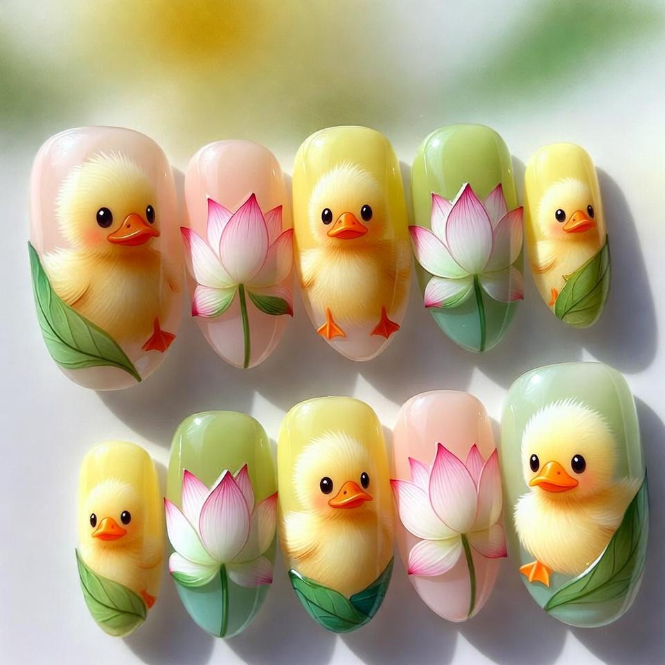 Niedliche Entlein Drücken Auf Die Nägel | 3D Lotus Blume Grün Gelb Fake in Kurz Oval Handgefertigte Natur Nailart Für Den Sommer, Urlaub, Geschenk von Etsy - SieglindeCrafts