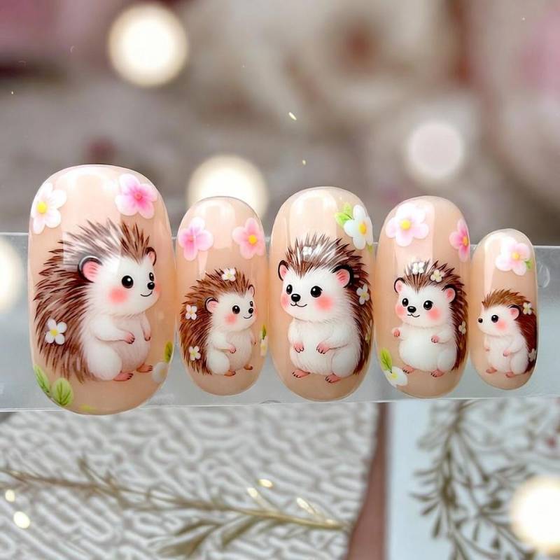 Niedliche Igel Drücken Auf Die Nägel | 3D Garten Blumen Rosa Fake in Kurz Oval Handgemachte Waldtier Nail Art Für Urlaub, Alltag von Etsy - SieglindeCrafts