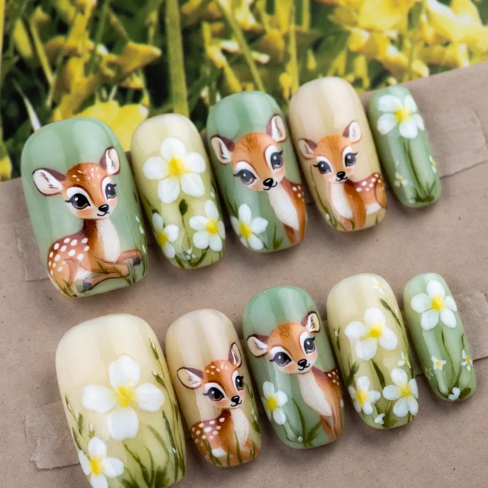 Niedliche Wald Rehkitz Drücken Sie Auf Die Nägel | 3D Hirsch & Weiße Blumen Gefälschte in Mittlerem Oval Handgefertigte Natur Nail Art Für von Etsy - SieglindeCrafts