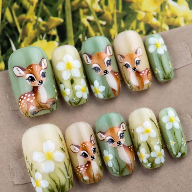 Niedliche Wald Rehkitz Drücken Sie Auf Die Nägel | 3D Hirsch & Weiße Blumen Gefälschte in Mittlerem Oval Handgefertigte Natur Nail Art Für von Etsy - SieglindeCrafts