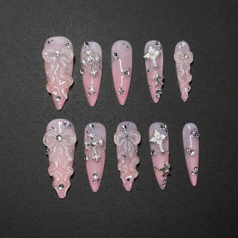 Rosa Coquette Press On Nails Lange Stiletto Mit 3D Bogen Kreuz Stern Kristall Strass Glitzernde Luxus Gothic Nail Art Set von Etsy - SieglindeCrafts
