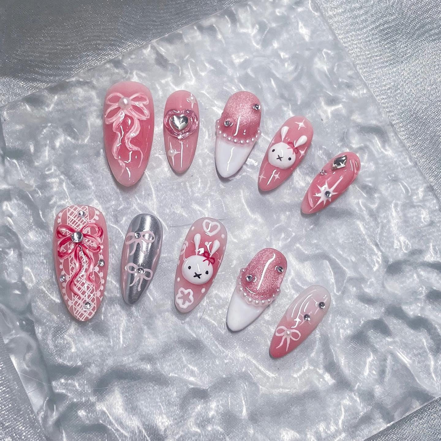 Rosa Kawaii Häschen-Press-On-Nägel, Bogen-Herz-stern-Nägel, Süßes Glänzendes Almond-Nagel-Set von Etsy - SieglindeCrafts