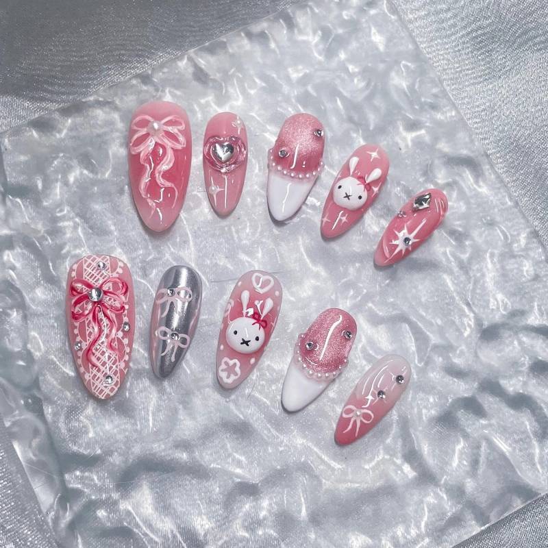 Rosa Kawaii Häschen-Press-On-Nägel, Bogen-Herz-stern-Nägel, Süßes Glänzendes Almond-Nagel-Set von Etsy - SieglindeCrafts