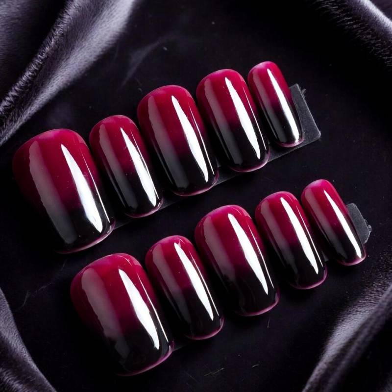 Rot Bis Schwarz Ombre Press On Nails, Glänzende Burgunder-Verlaufsacrylnägel, Wiederverwendbares Handgemachtes Nagelset von Etsy - SieglindeCrafts
