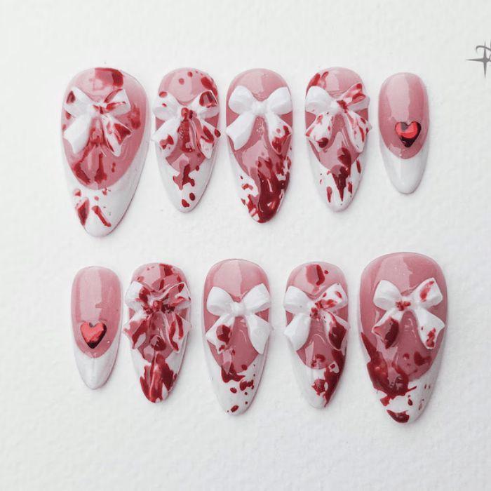 Roter Tropfenfänger Bogen Press-On-Nägel, Rosa-Gothic-Herz-Nägel, Nette 3D Bogen-Handgemachte Künstliche Nägel von Etsy - SieglindeCrafts