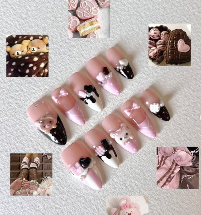 Schokolade Nachtisch Drücken Sie Die Nägel, Kawaii Pink Bear Nail Art, 3D Valentine Süßigkeiten Gefälschte Brauner Tropfenfänger Kokette Kleber von Etsy - SieglindeCrafts