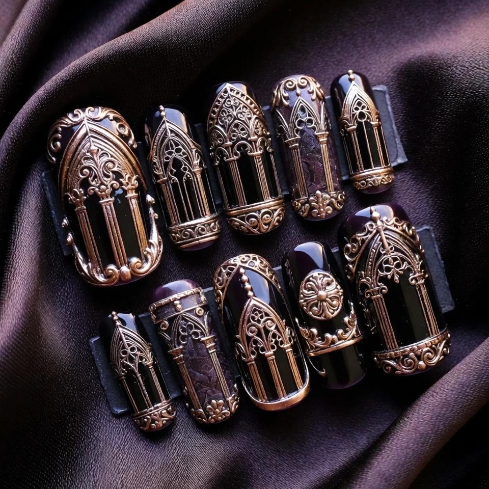 Schwarz Gold Gothic Arch Drücken Sie Auf Die Nägel, Verzierte Kathedrale Inspirierte Acrylnagelkunst von Etsy - SieglindeCrafts