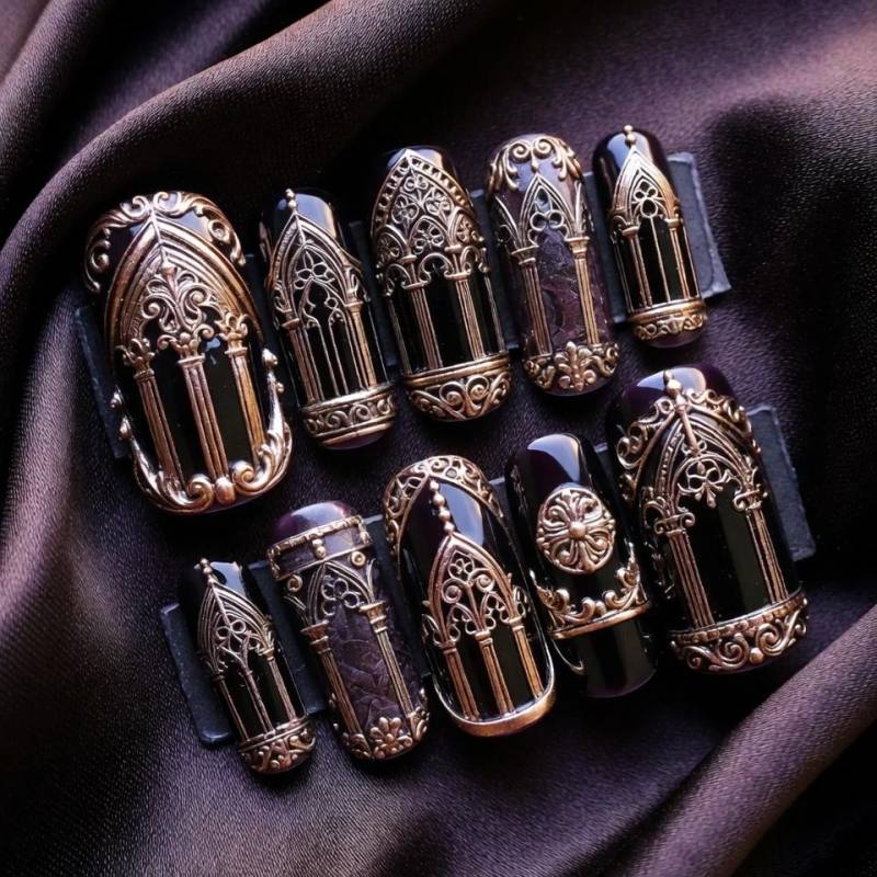 Schwarz Gold Gothic Arch Drücken Sie Auf Die Nägel, Verzierte Kathedrale Inspirierte Acrylnagelkunst von Etsy - SieglindeCrafts