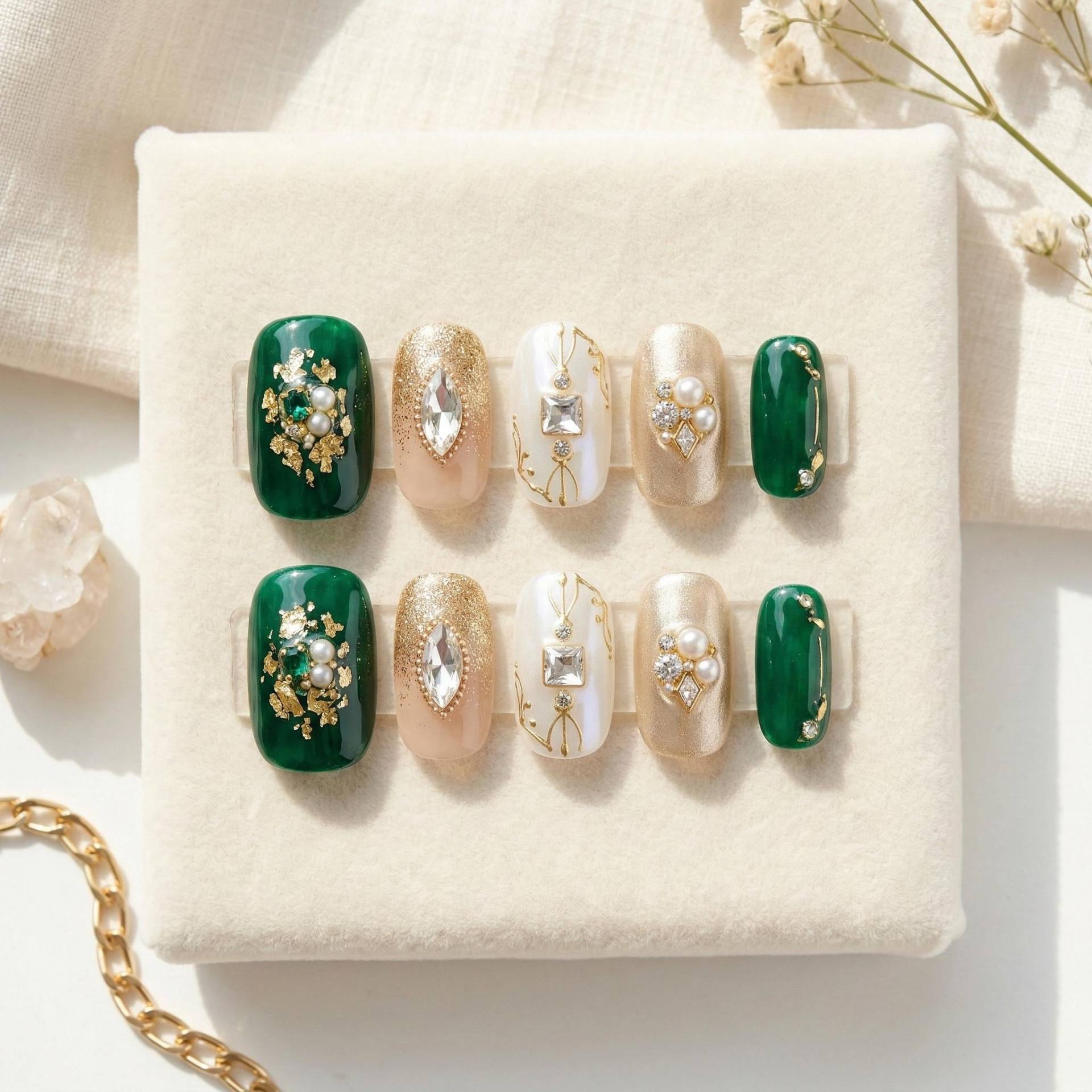 Smaragdgrün Luxus Press On Nails | Goldfolien Perle Gefälschte Nägel Königliche Hochzeit Kurze Quadrat Elegante Kristall Glitzernde von Etsy - SieglindeCrafts