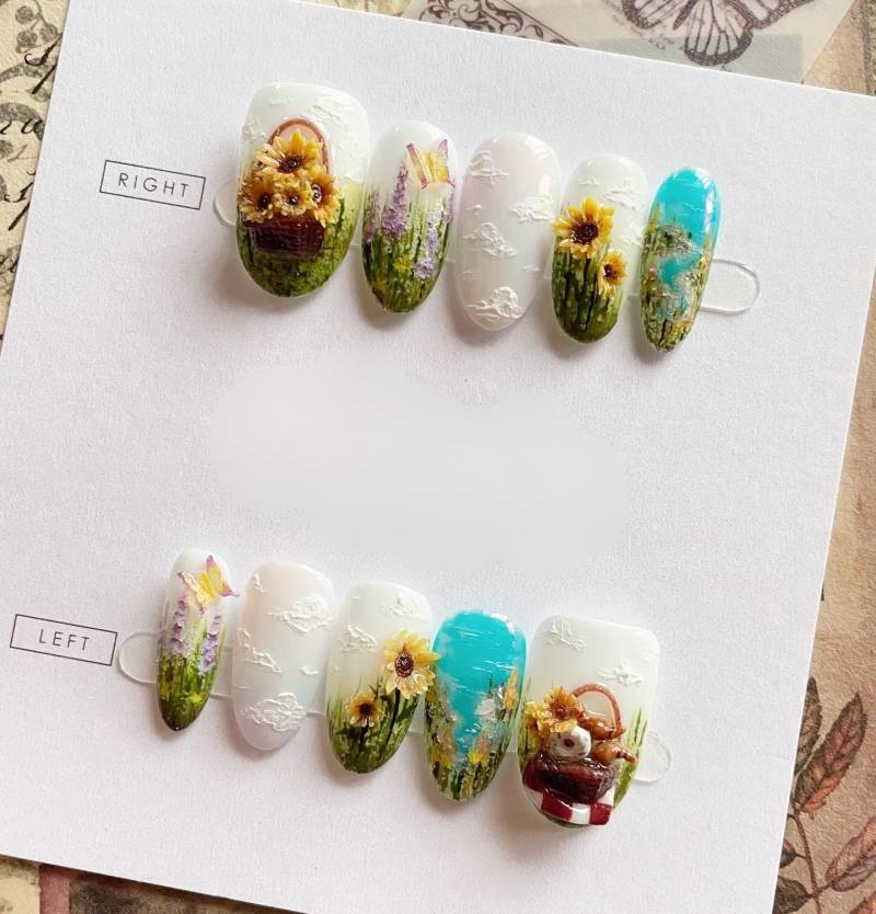 Sonnenblume Press-On-Nägel, 3D Blumen Landschaft Nägel, Cottagecore Sommer Garten Handgemachte Mandel Nägel von Etsy - SieglindeCrafts