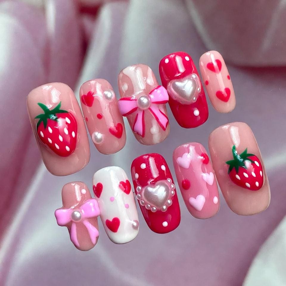 Süße Erdbeere Drücken Sie Auf Die Nägel | 3D Herz & Bogen Pink Fake in Kurzer Runde Handgemachte Kawaii Früchte Nail Art Für Urlaub von Etsy - SieglindeCrafts