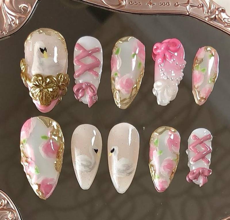 Swan Lake Presse Auf Nägel, Künstliche Nägel in Balletcore Pink, 3D-Bogenband-Kleber, Handgemalte Blumennägel, Luxuriöse Coquette-Nägel von Etsy - SieglindeCrafts