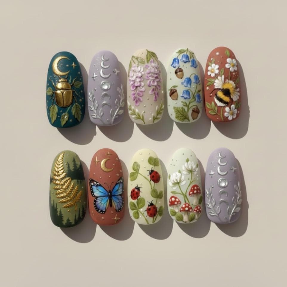 Whimsigothic Presse Auf Die Nägel | 3D Mond & Käfer Art Handgefertigtes Pilz - Und Schmetterlingsdesign Wiederverwendbare Luxus Custom Fake von Etsy - SieglindeCrafts