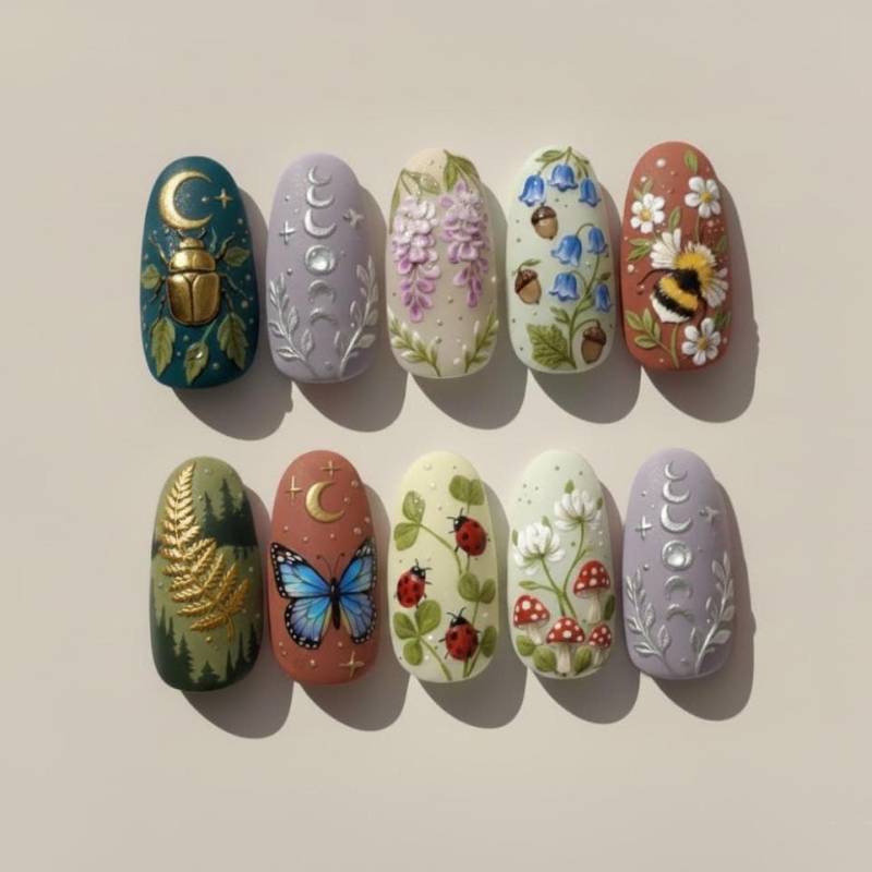 Whimsigothic Presse Auf Die Nägel | 3D Mond & Käfer Art Handgefertigtes Pilz - Und Schmetterlingsdesign Wiederverwendbare Luxus Custom Fake von Etsy - SieglindeCrafts